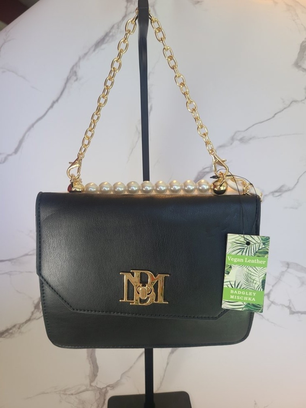 Badgley Mischka Black & White Shoulder Bag with Gold Hardware and Pearl Trim